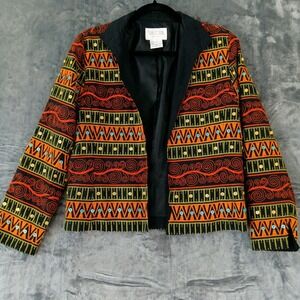 Silk Club‎ Jacket Womens Petite Black Orange Yellow Embroidered Silk Boho Button